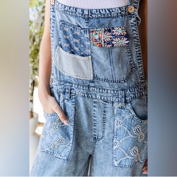 Oli & Hali Love Goddess Overalls | Patchwork Denim Wide-Leg Drawstring Jumpsuit - Picture 3 of 10